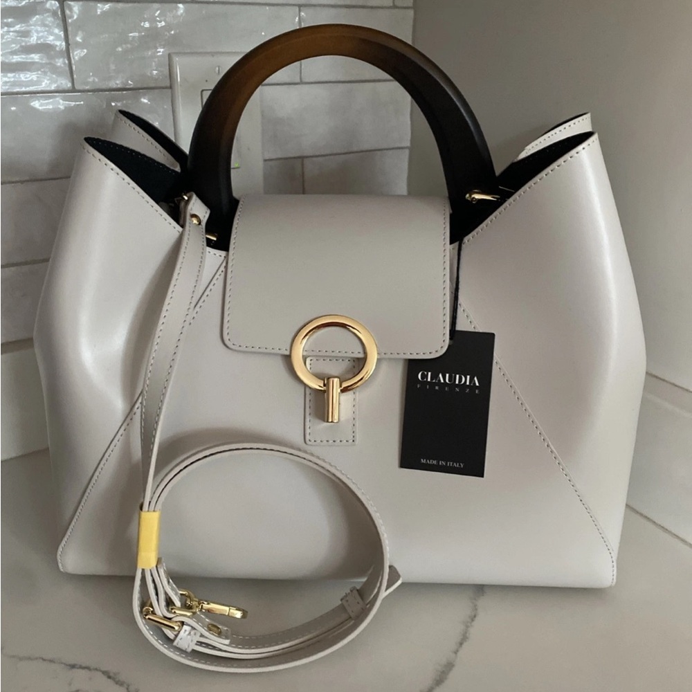 🆕 Claudia Firenze Isadora 🇮🇹 Handbag Wooden Handle Cream Italian Leather Satchel - Picture 2 of 16